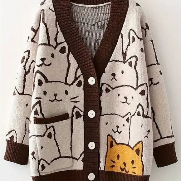 Sweaters - Single Pocket Cat Head Pattern Cardigan